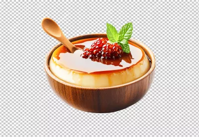 Delicious Caramel Custard Flan Pudding Garnished with Pomegranate Seeds and Fresh Mint Leaves image