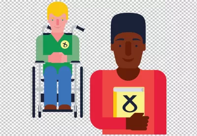 Illustration of two men, one in a wheelchair, one holding a book.