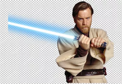 Iconic Jedi Master Obi-Wan Kenobi with Glowing Blue Lightsaber from Star Wars image