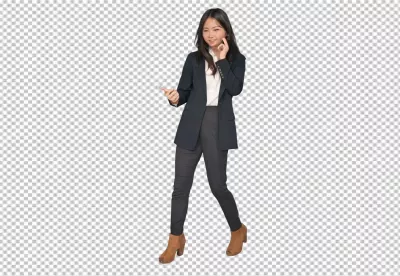Confident Young Asian Businesswoman Pointing Left in Professional Attire with Thoughtful Expression image