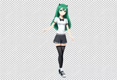 Cute Anime Girl Character with Vibrant Green Hair and Devil Horns in School Uniform image