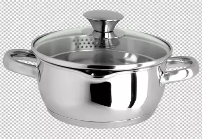 A red handled frying pan against a concrete isolated on transparent background