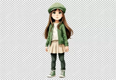 Charming Young Girl in Stylish Green Outfit and Cap Full Body Illustration image