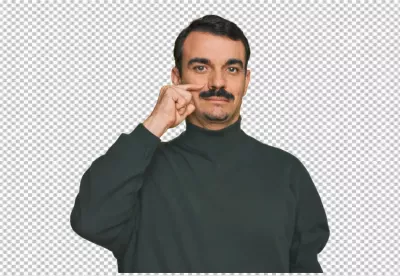 Serious Man with Mustache and Turtleneck Making Skeptical Eye Gesture image