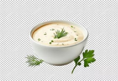 Delicious Creamy Dill and Parsley Sauce in White Bowl PNG image