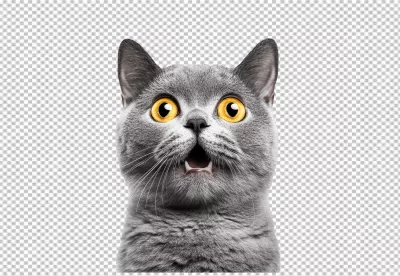 Adorable Grey British Shorthair Cat Looking Surprised with Wide Yellow Eyes PNG image