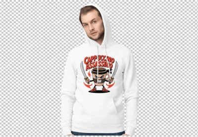 Stylish Man Modeling White Hoodie with Unique Cappuccino Assassin Coffee Cup Design image