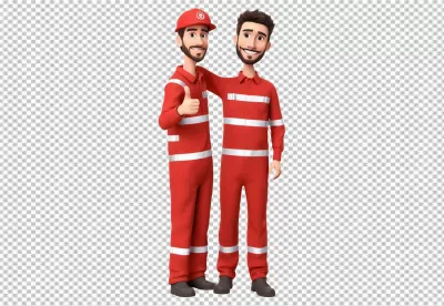 Happy 3D Animated Engineers in Red Jumpsuits Showing Thumbs Up and Teamwork image