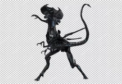 Striking Black Xenomorph Queen in Menacing Dynamic Pose on White Background