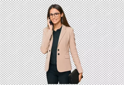 Smiling Young Businesswoman in Blazer on Phone, Professional Portrait on White Background image