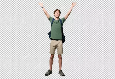 Excited Young Man with Backpack Celebrating Success and Adventure with Arms Raised image