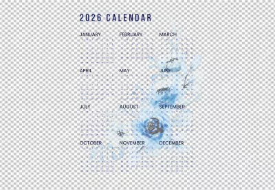 Elegant 2026 Yearly Calendar with Blue Watercolor Floral Design on Black Background image
