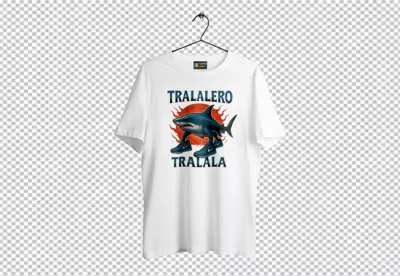 Humorous Shark Character Wearing Blue Sneakers on White T-Shirt Mockup Design image