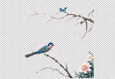 Exquisite Chinese Brush Painting of Colorful Birds on Delicate Spring Blossoms image