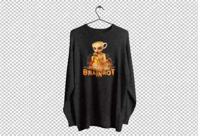 Surreal Coffee Head Woman Eating Banana Brainrot Art on Dark Grey Sweatshirt image