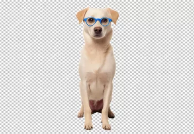 Adorable Light-Colored Dog Wearing Stylish Blue Reading Glasses on White Background image