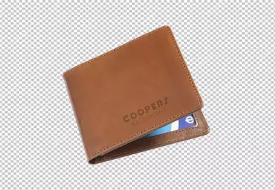 Elegant Brown Leather Bifold Wallet with Embossed Coopers Equipment Logo image