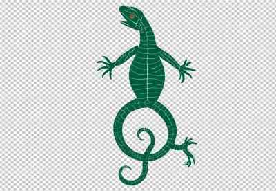 Vibrant green stylized lizard illustration with striking red eyes and a unique curled tail image