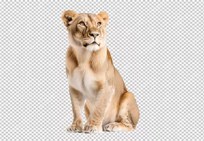 Majestic Lioness Sitting Gracefully with Alert Gaze, High-Quality PNG Download image