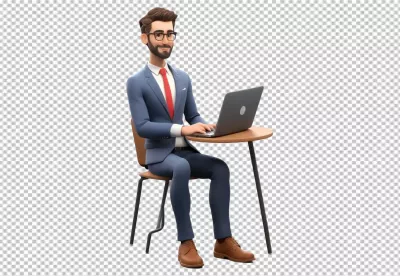 Happy 3D Businessman in Blue Suit and Glasses Typing on Laptop at Wooden Desk image