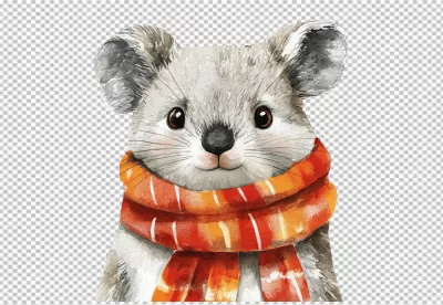 Adorable Watercolor Mouse with Cozy Striped Scarf PNG Download image