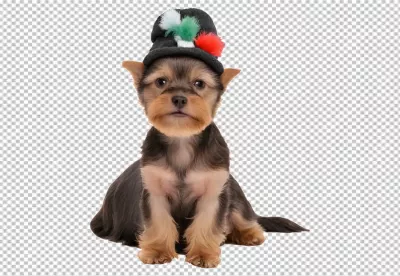 Adorable Yorkshire Terrier Puppy in a Festive Knitted Hat Isolated on White Background image