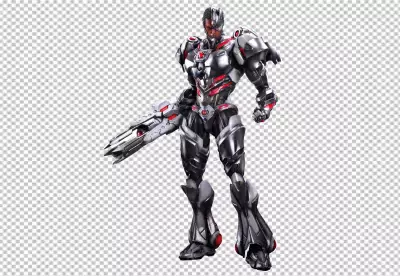 A futuristic robot standing in front of a city skyline