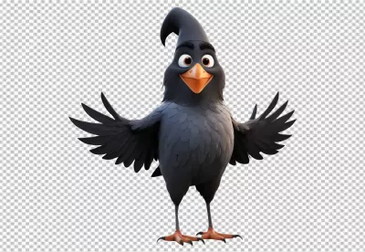 Delightful Black Cartoon Bird with Pointed Head, Orange Beak, and Welcoming Wings image