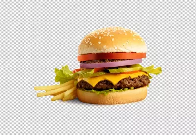 Classic Beef Cheeseburger with Crispy Golden Fries, Fresh Toppings, and Sesame Seed Bun image