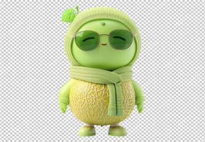 Cute 3D Melon Character in Green Knitted Hat and Scarf PNG Cutout image