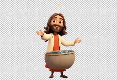 Smiling 3D Jesus Christ figure with outstretched arms emerging from baptismal water with a star image