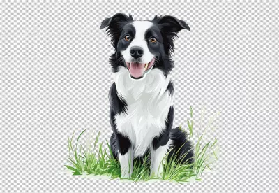 Happy Black and White Border Collie Dog Sitting in Green Grass image