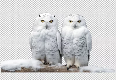 Majestic Snowy Owls Perched on Snowy Branch Arctic Wildlife Beautiful Winter Birds PNG Image image