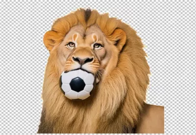 Majestic Lion with Golden Mane Holding Soccer Ball, Sports Mascot Concept image