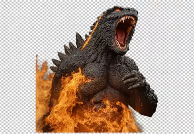 Powerful Godzilla Roaring Amidst Intense Flames with Glowing Red Eyes image
