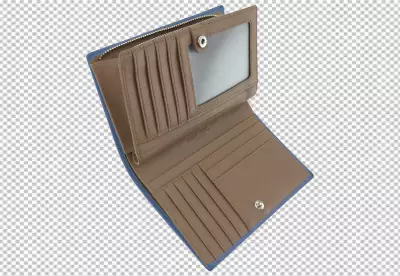 Open Blue Leather Wallet with Brown Interior for Organized Cash and Cards image