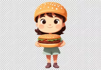 Joyful Cartoon Girl with Whimsical Bun Hat Posing with a Large Savory Patty Meal image