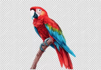 Vibrant Red Macaw Perched on Branch PNG Cutout for Exotic Bird Designs image