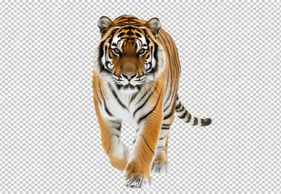 Majestic Bengal Tiger Walking Forward with Intense Gaze and Striking Stripes image