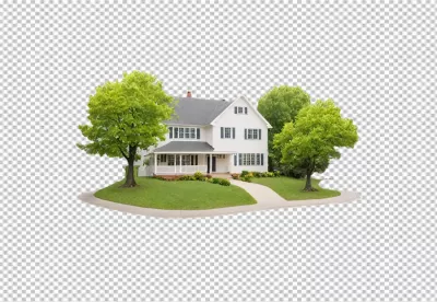 Beautiful classic white house with green trees and manicured lawn on a sunny day image