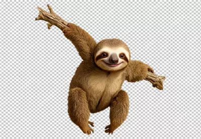 Adorable Smiling Baby Sloth Hanging Playfully on Tree Branch with Transparent Background image