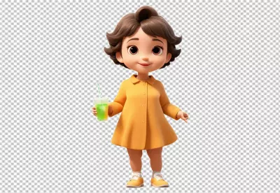 Cute 3D Animated Girl in Yellow Dress Holding a Refreshing Green Drink image