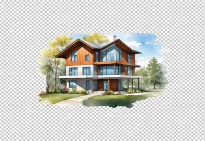 Modern Luxury Home Watercolor Illustration with Wooden Facade and Blue Sky image