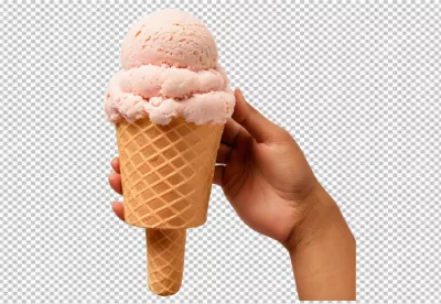 Hand Holding Double Scoop Pink Strawberry Ice Cream Cone Isolated on Transparent Background image