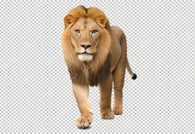 Majestic Male Lion with Golden Mane Walking Forward on White Background image
