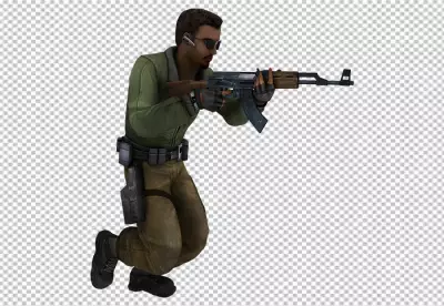 brave soldier in military uniform and sunglasses is aiming with his gun