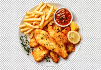 Delicious Golden Fried Fish and Chips with Sauce and Lemon Slice image
