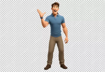Happy 3D Animated Man Waving Hello in Casual Blue Polo Shirt and Khaki Pants image