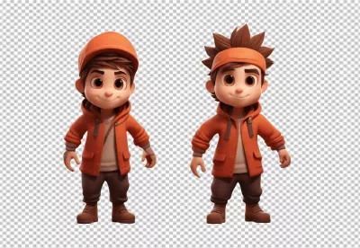 Cheerful 3D Cartoon Boys with Orange Attire and Different Headwear image