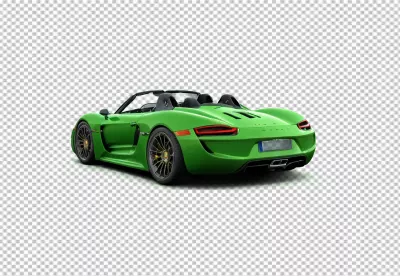 Vibrant Green Porsche 918 Spyder Convertible Sports Car Rear-Side View on White image